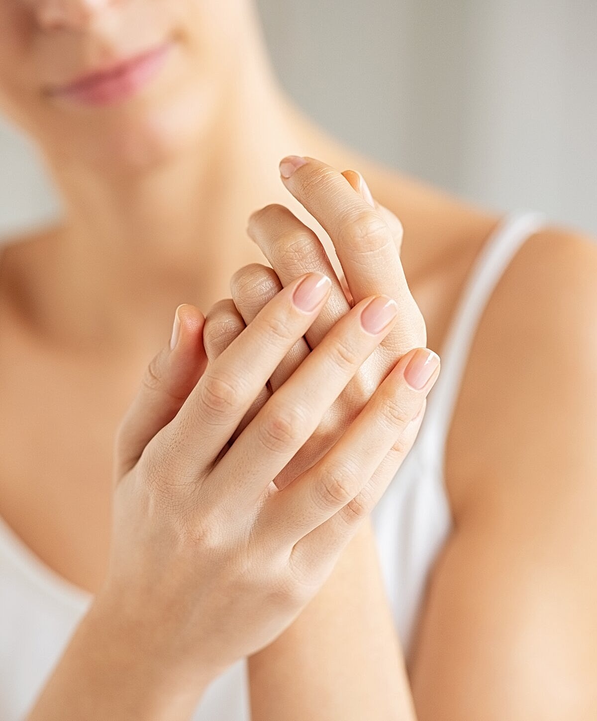 Woman gently holding her hands together.
